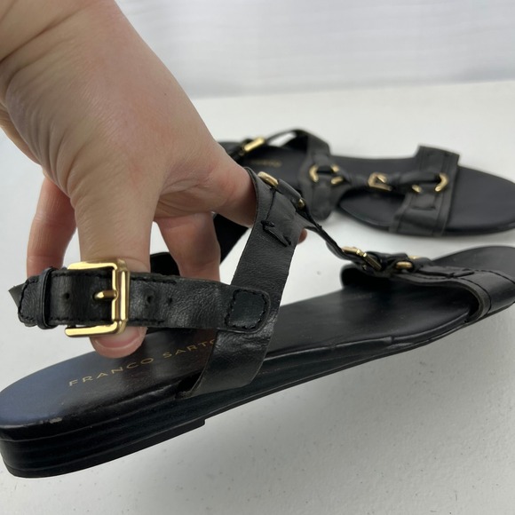 Franco Sarto Strappy Sandals Womens 10M Black‎ Leather Flat Heel Buckle Vacation - Picture 6 of 16